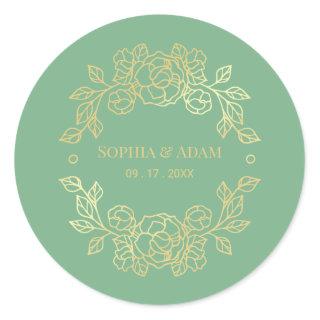 Minimalist Elegant Floral Jade Green And Golden   Classic Round Sticker