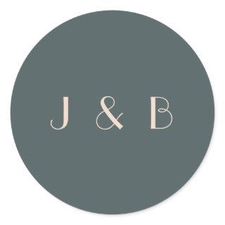 Minimalist Elegant Teal Blush Art Deco Monogram Classic Round Sticker