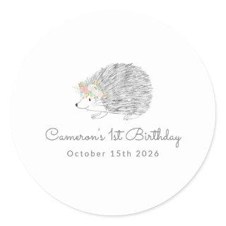 Minimalist Floral Porcupine Cute 1st Birthday Classic Round Sticker