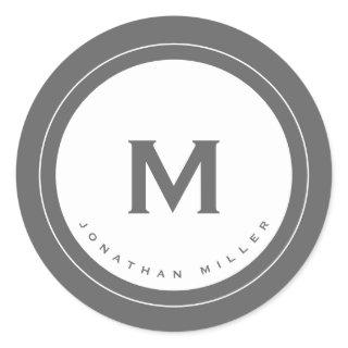 Minimalist Gray Monogram Medallion with Name Classic Round Sticker