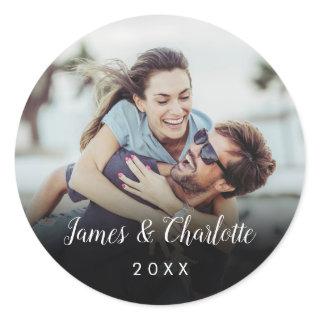 Minimalist Personalized Photo Script Name Date Classic Round Sticker