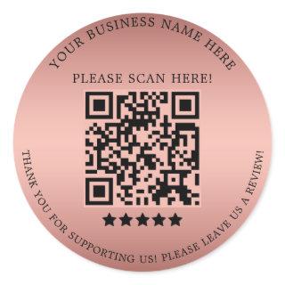 Minimalist Rose Gold Business Name QR Code Classic Round Sticker