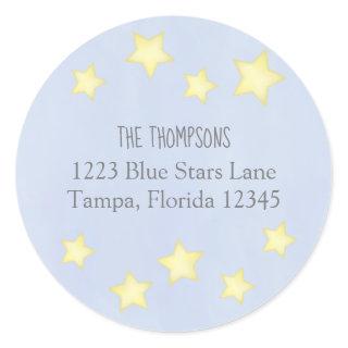 Minimalist Watercolor Blue Stars Return Address Classic Round Sticker