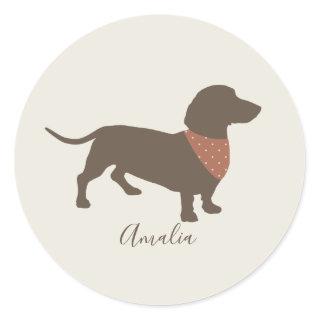 Minimalistic Dachshund Silhouette with dog's name Classic Round Sticker