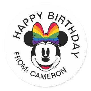 Minnie Mouse Wearing Rainbow Bow | Happy Birthday Classic Round Sticker