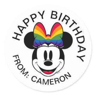 Minnie Mouse Wearing Rainbow Bow | Happy Birthday Classic Round Sticker