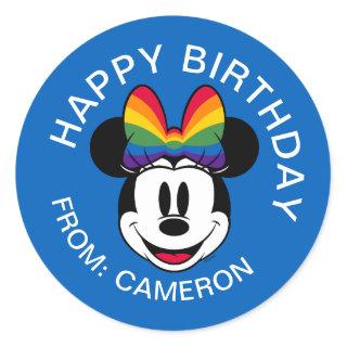 Minnie Mouse Wearing Rainbow Bow | Happy Birthday Classic Round Sticker