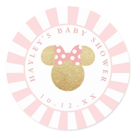 Minnie | Pink Striped Gold Glitter Baby Shower Classic Round Sticker
