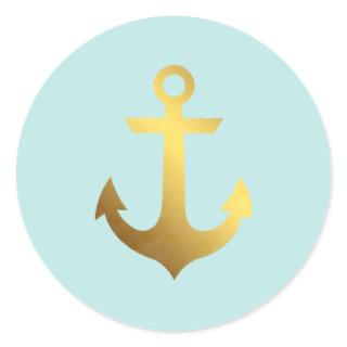 Mint and Faux Gold Foil Anchor Classic Round Sticker