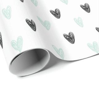 Mint & Black Hearts Doodles Pattern