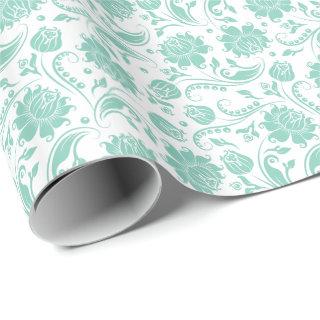 Mint-green Floral Damasks Over White Background