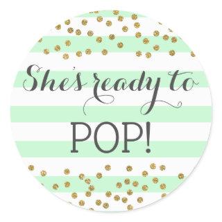 Mint Green Gold Baby Shower Sprinkle Ready to Pop Classic Round Sticker