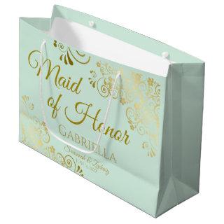 Mint Green & Gold Lace Maid of Honor Chic Wedding Large Gift Bag