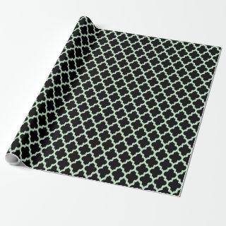 Mint-Green Ikat Quatrefoil Over Black Background