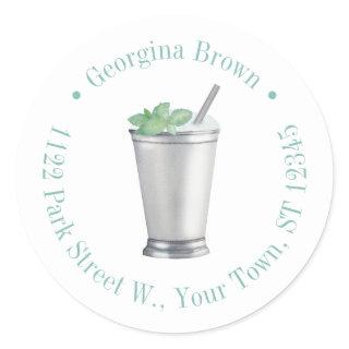 Mint Julep Watercolor Cocktail Return Address Classic Round Sticker