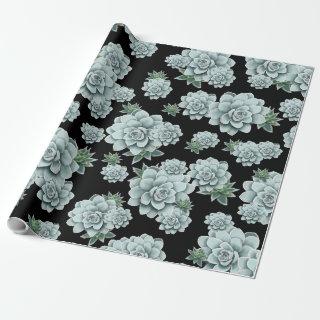 Mint Rosette Succulents Repeat Print on Black