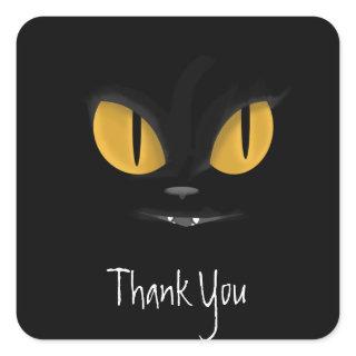 Mischievous Black Cat with Fangs Thank You Square Sticker