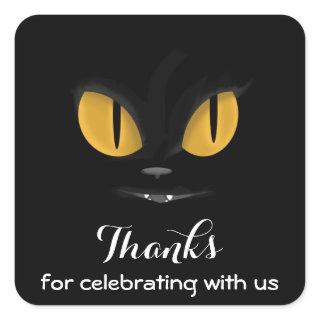 Mischievous Black Cat with Fangs Thanks Square Sticker