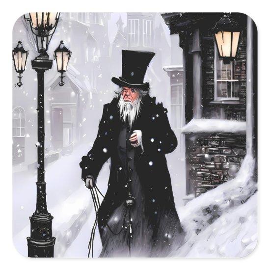 Miserly Ebenezer Scrooge Snowy Victorian Street Square Sticker