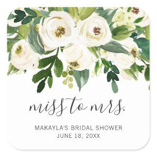 Miss to Mrs Elegant White Floral Bridal Shower Square Sticker