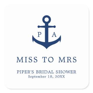 Miss to Mrs Nautical Anchor Monogram Bridal Shower Square Sticker