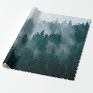 Misty landscape with fir forest in hipster vintage