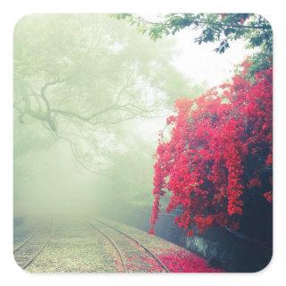 Misty Railroad Tracks Scenic Photo Square Sticker