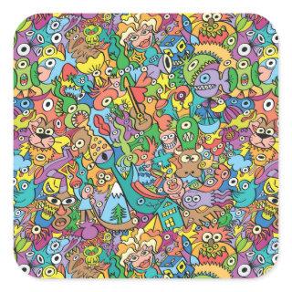 Mix of funny doodles in a playful carnival pattern square sticker