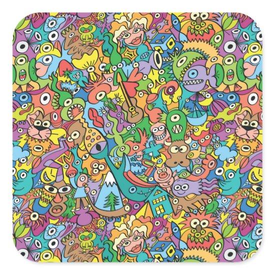 Mix of funny doodles in a playful carnival pattern square sticker