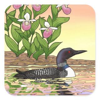 MN State Bird Flower Loon Lady Slipper Square Sticker