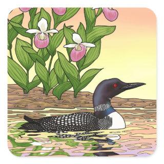 MN State Bird Flower Loon Lady Slipper Square Sticker