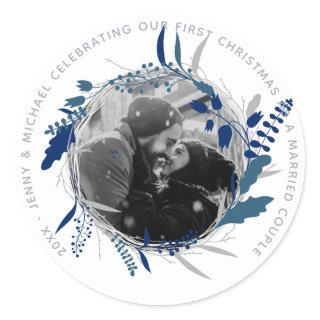 MODERN 1st YEAR Engaged or Married PHOTO Party Classic Round Sticker