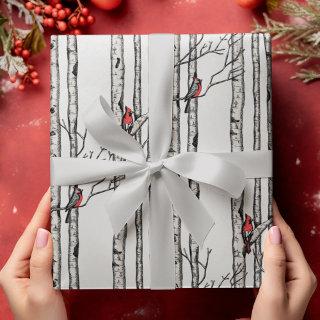 Modern Birch Trees and Red Cardinal Birds
