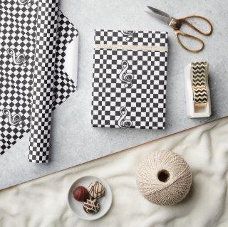 Modern Black and White Treble Clef on Checkerboard