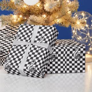 Modern Black and White Treble Clef on Checkerboard