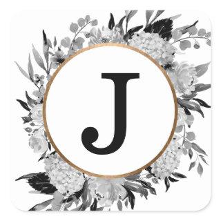 Modern Black and White Watercolor Floral Monogram Square Sticker