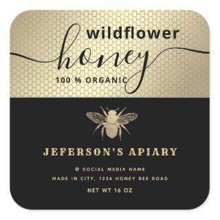Modern black gold bee script Honey jar  Classic Ro Square Sticker