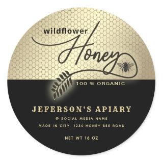 Modern black gold bee script Honey jar  Classic Round Sticker