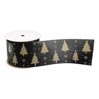 Modern Black & Gold Elegant Christmas Tree Pattern Satin Ribbon