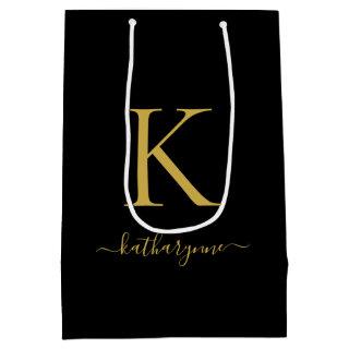 Modern Black Gold Monogram Script Name Medium Gift Bag