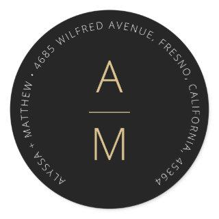 Modern Black + Gold Return Address Classic Round Sticker