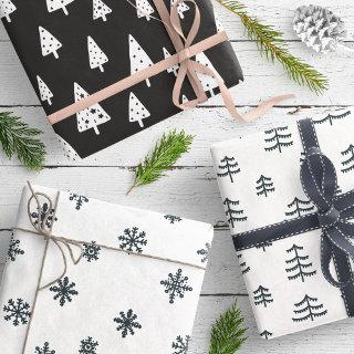 Modern Black & White Christmas Trees Snowflakes  Sheets