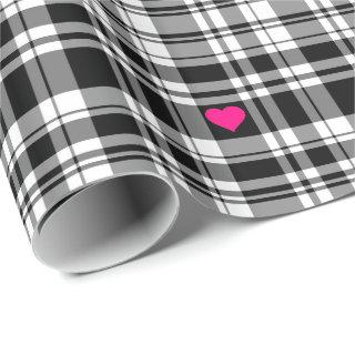 Modern black white plaid pattern, pink hearts
