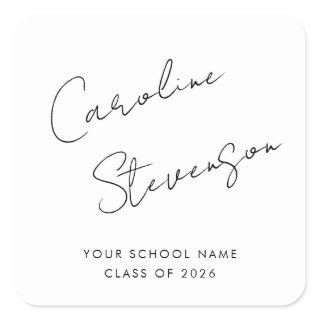 Modern Black White Script Personalized Graduation Square Sticker