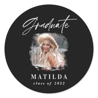 Modern black white script photo elegant graduation classic round sticker