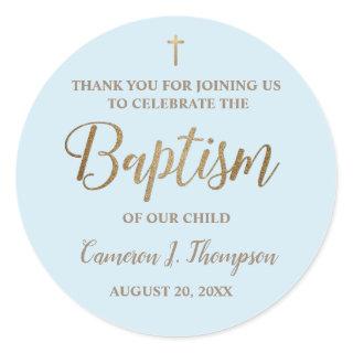 Modern Blue Gold Name Baby boy Baptism Classic Round Sticker