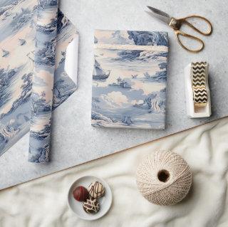 Modern Blue Stom Ocean Sea Toile de Jouy Pattern