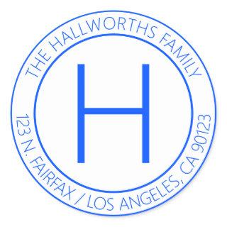Modern Blue & White Return Address Classic Round Sticker