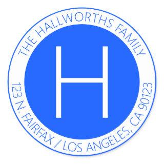 Modern Blue & White Return Address or Other Text Classic Round Sticker