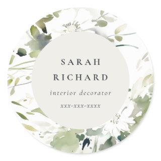 Modern Boho Abstract Green White Floral Business Classic Round Sticker